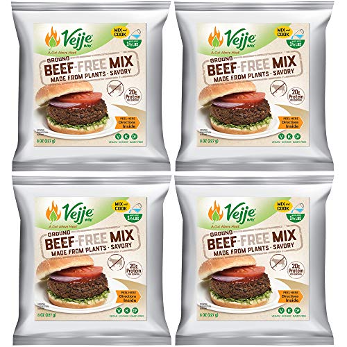 Vejje Meat-Free Mixes - GROUND BEEF-FREE MIX (4-Pack) (Four 8oz Bags, Each Bag Makes 1.5 lbs for 6 lbs Total) Vegan Meat Substitute. Plant-Based Meat Alternative for Burgers, Tacos, Crumbles & More