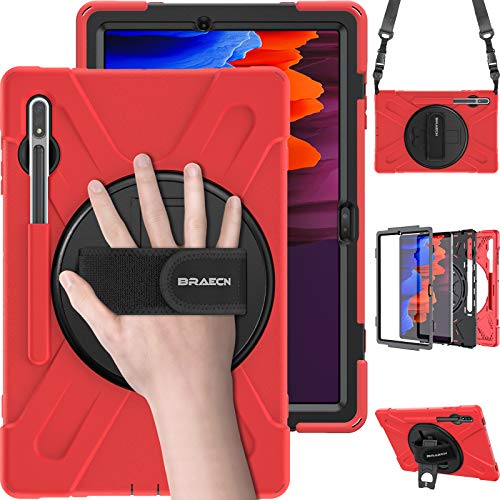 BRAECN Galaxy Tab S7+ Case,Heavy Duty Shockproof Rugged Case with Carrying Shoulder Strap, S Pen Holder, Kickstand, Hand Strap for Samsung Galaxy Tab S7 Plus 12.4 Inch 2020 Model SM-T970/T975/T976-Red