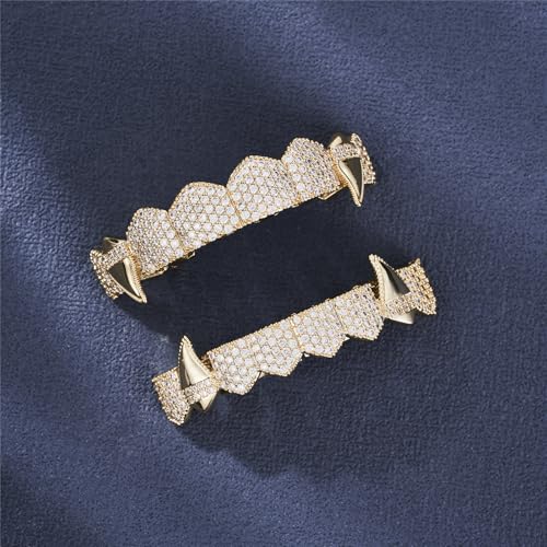 Grills street Hip Hop personality Gold Shiny Copper gold-plated teeth Grillz Vampire fangs Grills Daily wear Halloween and Party Unisex - Comes With Tweezer & Dental Wax4