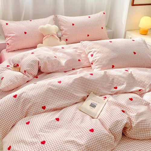 Nayoroom Bettwäsche 135x200 Rosa Weiß Kariert mit Roten Herzen Bettbezug Set 2teilig Herz Muster Aesthetic Cute Renforce Mikrofaser Herzchen Bettwäsche-Sets mit Reißverschluss und Kissenbezug 80x80 cm
