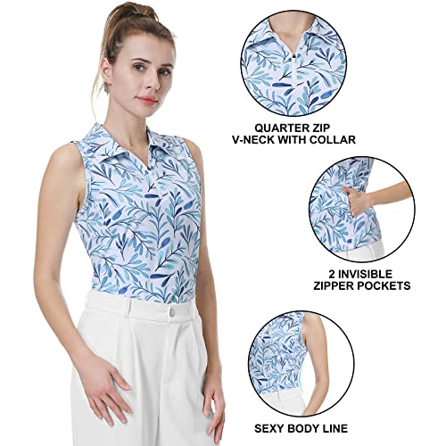 Anivivo Women's Sleeveless Golf Shirt Polo Tennis Shirts With Pockets, Lightweight Zip Up Workout Golf Tank Tops(Blue Leaf M) #TOP3