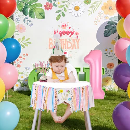 Image of Wild Flower High Chair Banner for First Birthday Party Decoration | Pink Floral Wild One High Chair Tassel Banner for Girls Wildflower 1st Birthday Backdrop Decors Baby Shower Party Supplies