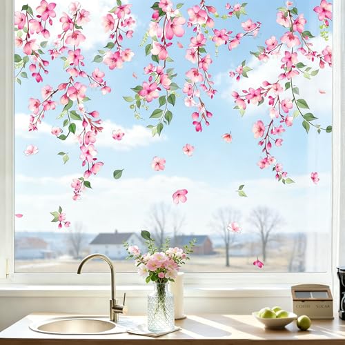 Adhesivo Vinilos Para Cristales Vinilos Pared de Flor de Cerezo Rosa Vinilo Para Ventanas de Primavera y Verano Película Anticolisión Para Ventana Decoraciónde Ventana Adecuado Para Sala