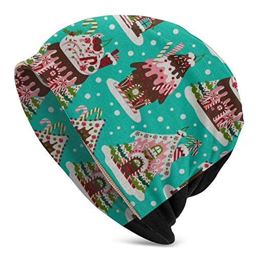 Qinckon Casas de Pan de Jengibre navideñas Gorro Suave de Punto Holgado Gorro de Calavera Acogedor Gorro de Dormir elástico Ligero para Unisex