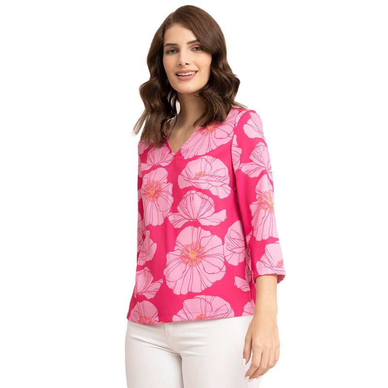 Image of FableStreet Women Formal & Casual Top | Elegant V-Neck Three-Quarter Sleeves Floral Print | Lightweight Smooth Fabric for Office Wear & Daytime Outings