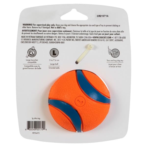 Image of Chuckit! Ultra Tug Dog Toy - Ultra Ball on a Durable Nylon Cord Handle - Fetch and Tug-of-War Toy for Dogs - for Breeds 60-100 lbs - 3-inch Diameter - Orange and Blue Large (Pack of 12)