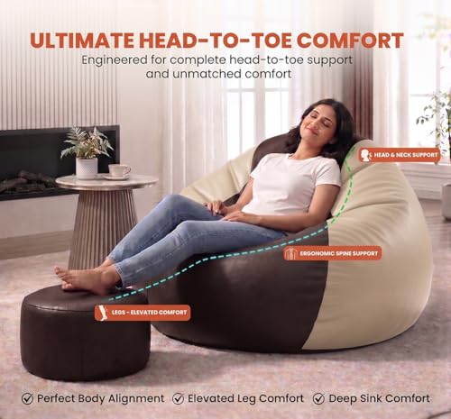 Image of Sattva Classic 3XL Bean Bag Chair with Beans Filled | Faux Leather Sofa Style Beanbag for Adults | Includes Footstool & Cushion | Comfortable Bin Bags Sofa & Beam Bag Seating for Home | Brown & Cream