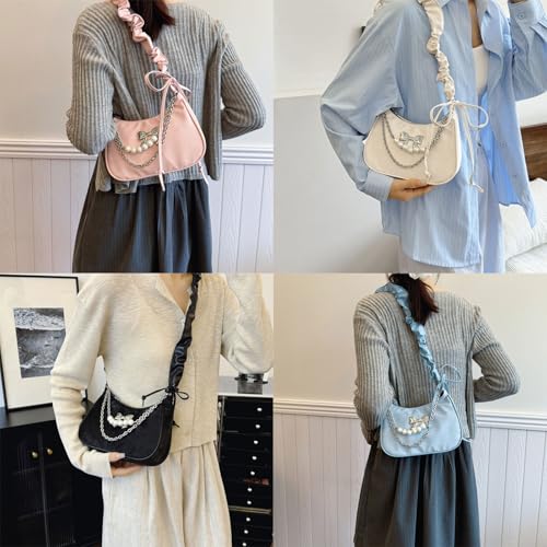 Elegant Pearls Pleated Underarm Shoulder Bag for Women Fashionable PU Leather Crossbody Purse with Bows Decoration2