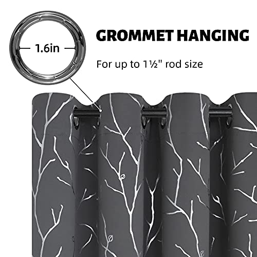 Buhua Blackout Curtains 63 Inch Length 2 Panels Set, Gray Curtains For Bedroom, Foil Tree Branches Print Geometric Grommet Top Drapes Thermal Insulated Energy - Saving Curtain, Dark Grey 42W X 63L #TOP2