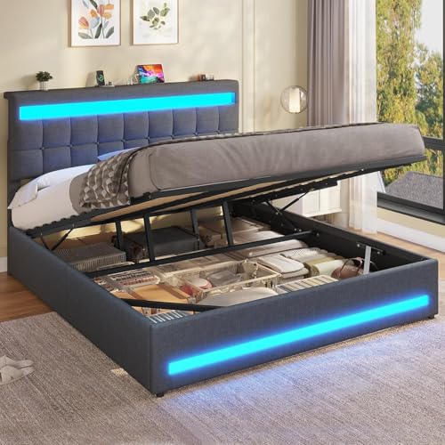 AOGLLATI Camas Matrimoniales 180x200 cm con Almacenamiento Hidráulico, Cama Canapé con Cabecero Ajustable, Estructura de Cama con Luces LED y Estación de Carga (USB y Tipo-C), Gris Oscuro