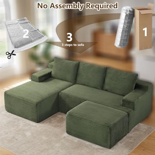 Image of 96 inch U-Shape Cloud Couch, Modern Modular Sectional L-Shape Sofa with Ottoman, Corduroy Upholstered Couches Deep Seat Sleeper Chaise Longue for Living Room, No Assembly Required(Green, Left Facing)