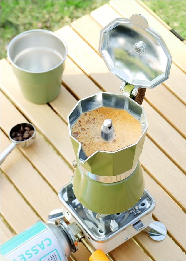 Herd Espresso Mokka Krug 9 Stück Tragbare Tasche Handbrühen Kaffeemaschine Set für Reisen, Camping, Büro, Backpacking Reisen, Outdoor Party, Wildangeln (9-teiliges Set-Grün)