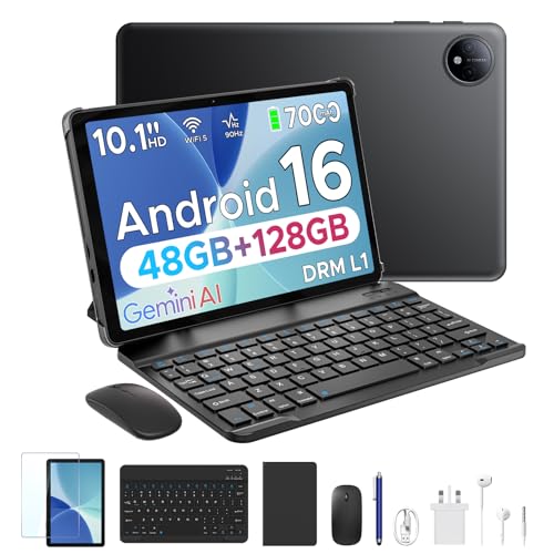 P10 10.1 inch Tablet 48GB+128GB/TF 2TB Android 16 Tablet with Gemini AI 7000mAh Unisoc T310 Quad-Core 90Hz 8MP+5MP Dual Speakers 3.5mm Headphone jack Tablet with Keyboard Pen Case Black