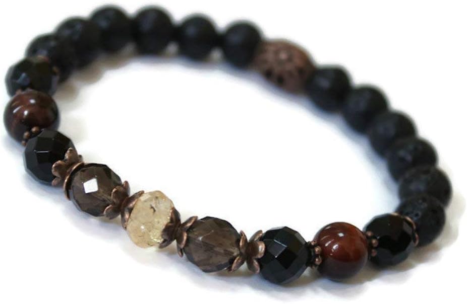 Gemstone Aromatherapy Wellness Bracelet for Positive Energy/Citrine, Black Onyx, Smokey Quartz, Red Tigers Eye/Lava oil diffuser - Image 4