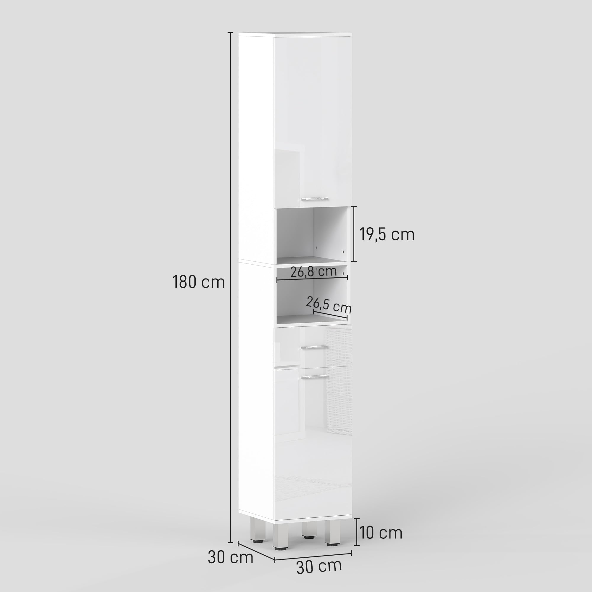 kleankin Armario de Baño Alto, Columna Auxiliar de Baño, con 1 Cajón, 3 Estantes Ajustable, 2 Armarios, para Salón, Dormitorio, 30x30x180 cm, Blanco Brillante