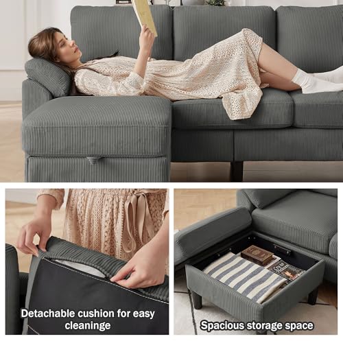 Image of 79.72 inch 3 Piece Corduroy Sofa Set with Storage Ottoman & Loveseat, L Shaped Sectional Couch with Side Pockets, Convertible Living Room Furniture Set for Small Space