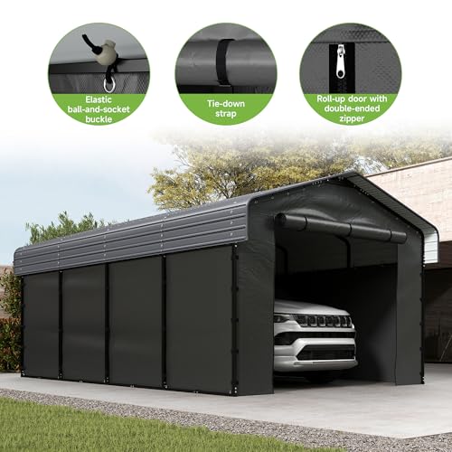 Image of 12x20FT Heavy Duty Metal Carport,Outdoor Garage with Removable Sidewalls & Doors, Heavy Duty Steel Frame and Galvanized Roof for Cars and Boats, Gray