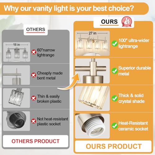Image of Modern Crystal Vanity Light Fixtures, 4-Light Brushed Nickel Bathroom Vanity Lighting Over Mirror, Bathroom Light Fixture with K9 Clear Crystal Shades for Bedroom, Living Room, Hallway