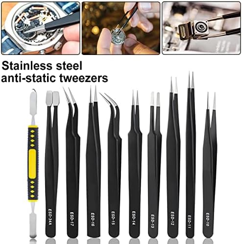 Precision ESD Tweezers Set, Anti-Static Stainless Steel Tweezers Set Kit Perfect for Electronics, Craft, Jewellery, Soldering, Laboratory Work and Detailed Work 10pcs