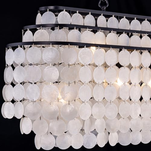 TOCHIC Capiz Shell Chandelier for Dining Room, 39.4" Modern Capiz Chandelier Kitchen Lighting, 3 Tier Natural Shell Hanging Ceiling Light Fixtures Coastal Seashell Chandeliers for Living Room Foyer - Image 2