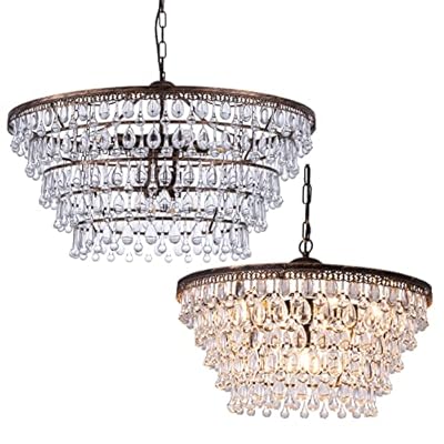Wellmet Crystal Chandelier Farmhouse 5 Tiers Crystal Light Fixtures Hanging Modern Bronze Ceiling Pendant Light, Chandeliers for Dining Room, Kitchen Island, Bedroom, Foyer, Entryway, Bar