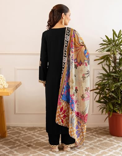 Image of Skylee Women's Rayon Embroidered Straight Kurta with Pant & Dupatta