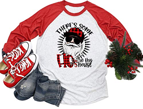 There's Some Hos in This House Funny Long Sleeve Christmas T Shirt Women Plaid Santa Claus Graphic Raglan Tees Tops (L, Red-White)