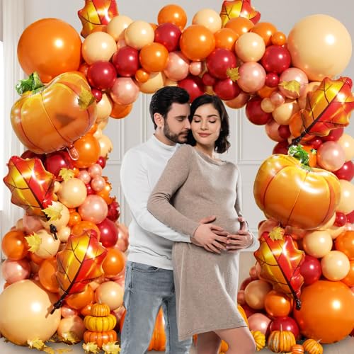 Image of Fall Balloon Arch Garland Kit 172pcs with Leafs Pumpkins, Thanksgiving Balloons Arch Orange Nude Burgundy Rose Gold Balloons Different Sizes for Little Pumpkin Birthday Baby Shower Decoration