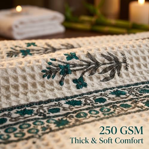 Image of Mafatlal Madhuban Waffle Cotton Towel Set (1 Bath 147x76 cm + 2 Hand 76x38 cm) | 250 GSM | Super Absorbent, Quick Dry Floral Design | Antique White