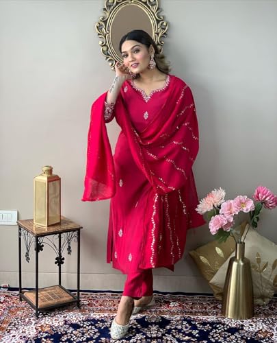 Image of Yashika Women Pink Embroidered Chanderi Fabric Straight Kurta, Pant and Dupatta Set