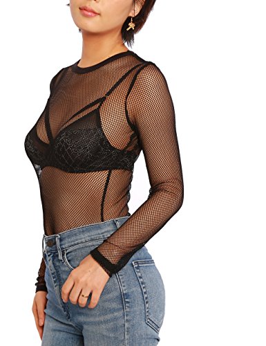 May&Maya Women's Black Stretch Raw Cut Hem Long Sleeve Net Top Shirt Blouse #TOP3