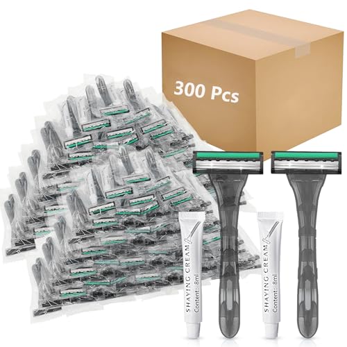 (300 Pcs) Kheoxusa 3 Blade Disposable Razor,Three Blade Disposable Razors,Triple Blade Disposable Razors,Disposable Razors Individually Wrapped,Disposable Razors for Hotel, Airbnb,Homeless,Travel-Grey