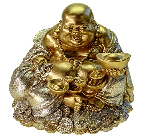 Kremers Schatzkiste Large Money Box Lucky Buddha 18 cm Decorative Piggy Bank Figurine Happy Buddha, Gold-coloured, 18 x 18 x 18 cm