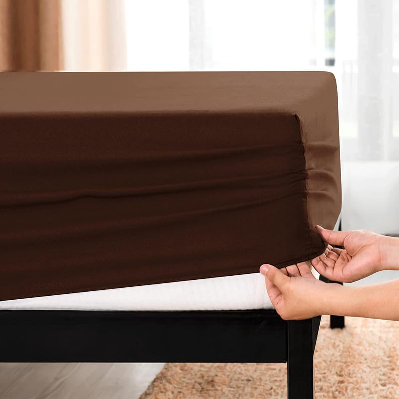Image of SEM B GRA - Double Size Bedsheets for Single Bed 600 TC - Cotton Elastic Fitted Sheet (48 x 75 Inches) with 10 Inch Drop- Color Chocolate Solid [ Fitted Sheet with 2 Pillow Cover]