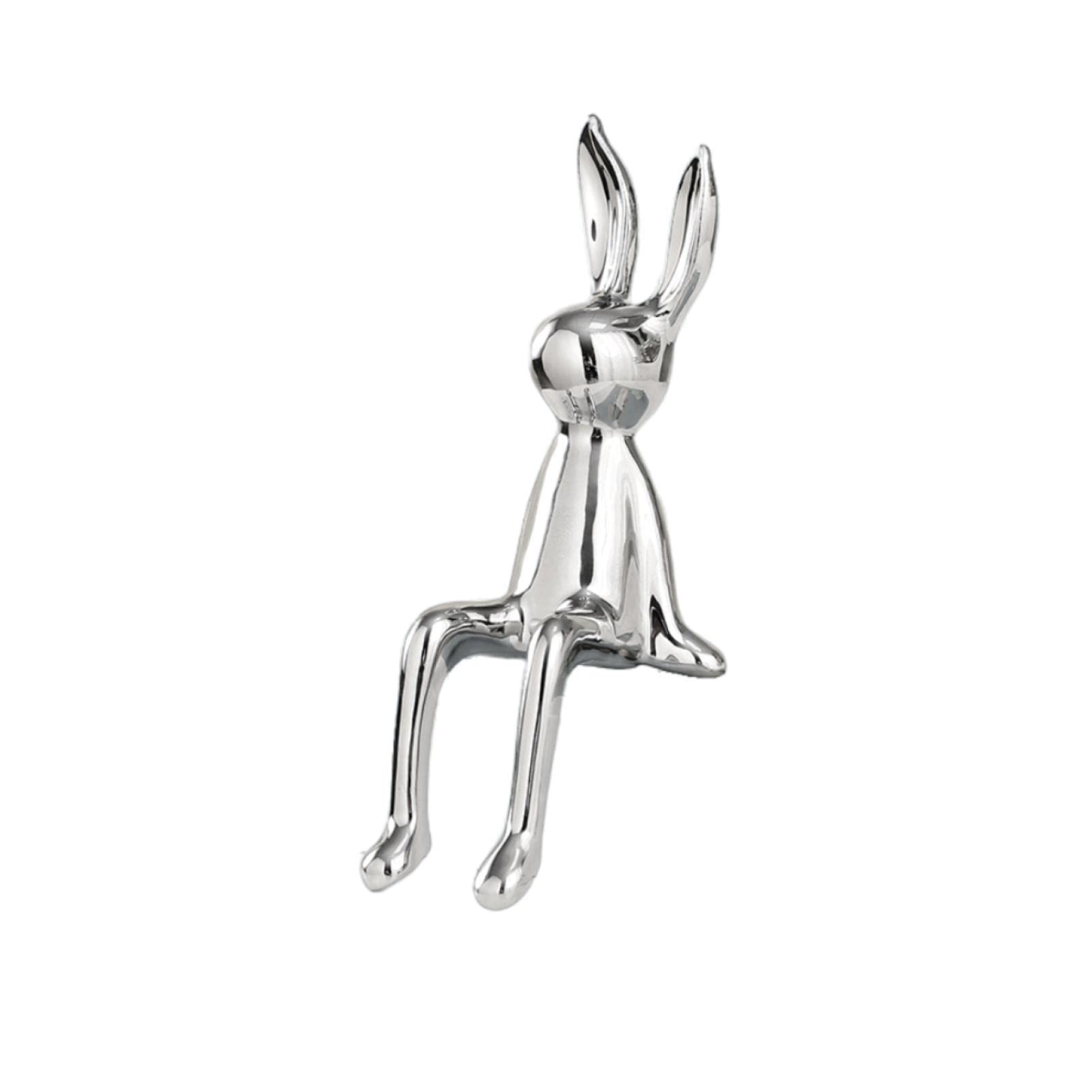 Dytartzx Silver Balloon Rabbit Statue Ceramic Bunny Sitting Figurines Animal Sculptures Home Decor Cute Art Ornaments Mantel Bookshelf Living Room Bookcase Easter Crafts