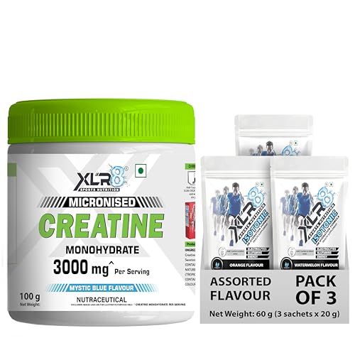 Image of XLR8 Creatine Monohydrate Powder Micronized | Mystic Blue, 100g with Isotonic Energy Drink, Electrolyte Powder (Assorted, 60g) | Pre & Post Workout Supplement | Muscle Growth & Extended Workouts