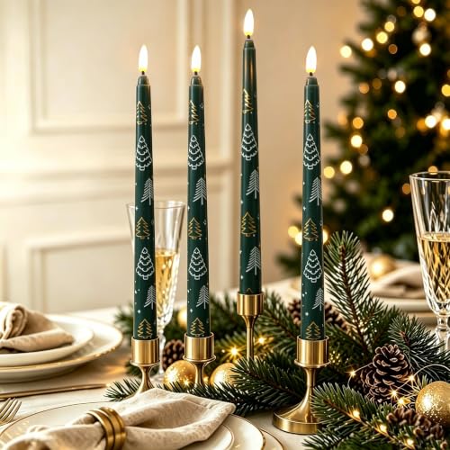 Image of Green Christmas Tree Flameless Taper Candles with Remote Set of 4