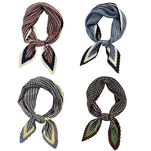 Tangjun 4 Pcs Womens Silk Like Square Scarf Neckerchief Blossom Pleated Headwear