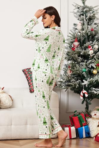 Image of LUBOT Christmas Pajamas for Women 100% Cotton Pajama 2 Piece PJ Set Soft Long Sleeve Button Xmas Print Loungewear XS-XXL