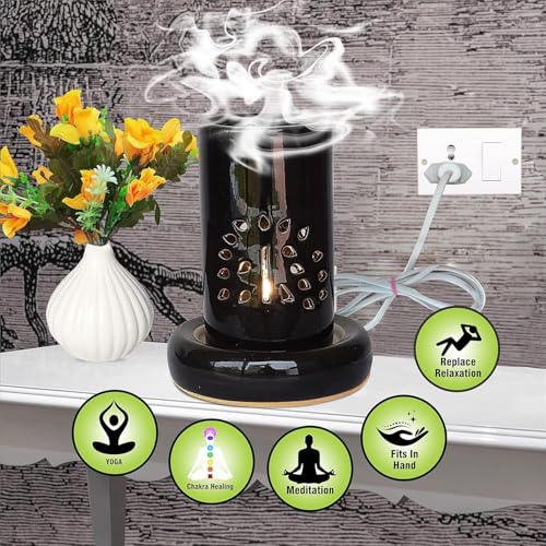 Image of Pure Source India Handcrafted 8.5 inch Black Ceramic Electric Diffuser, Aroma Oil Diffuser, Oil Burner for use in Homes, Offices, Yoga Centre, Spa as Well as Outdoors