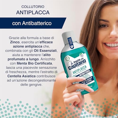 Pasta del Capitano, Antiplaque Mundwasser, Alkoholfreies tägliches Mundwasser, Übt eine effektive Antiplaque-Wirkung aus, Mit antibakterieller Wirkung, 100% Made in Italy, 400 ml Flasche – Bild 3