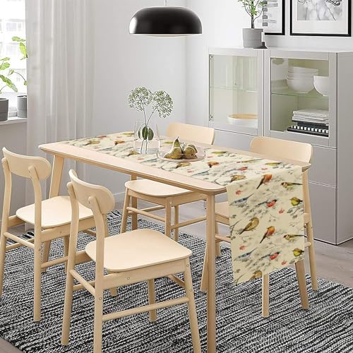 Image of Flower Birds Table Runner Nature Themed Winter Birds on Branches,Watercolor Pine Tree Tabletop Setting Decor for Party Dining Room Kitchen Decoration 13x60 Inch