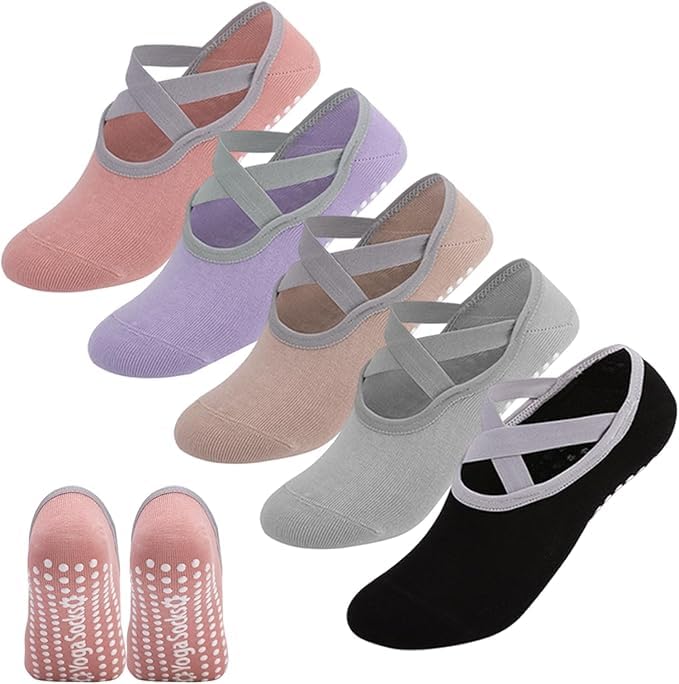 WiseJoy 5 Pares Comodos Calcetines Yoga Pilates Para Mujeres y Hombres EUR 36-39 Calcetines Antideslizantes Calcetine De Agarre medias de ballet con Asas y Correas para Ballet Barre Dance