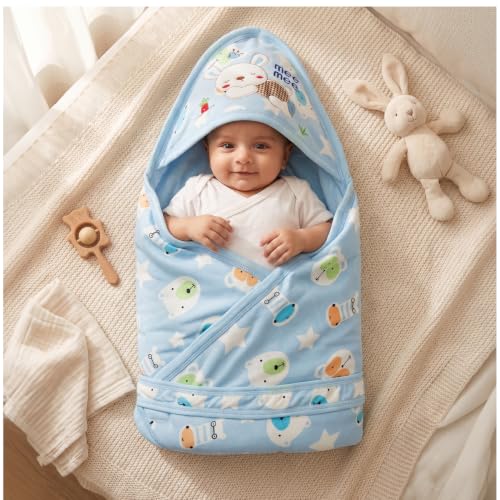 Image of Mee Mee 100% Soft Cotton Hooded Baby Wrapper Cum Warmer, Blanket with Hood for Newborn Baby 0 to 6 Months (Blue & Bunny Print)