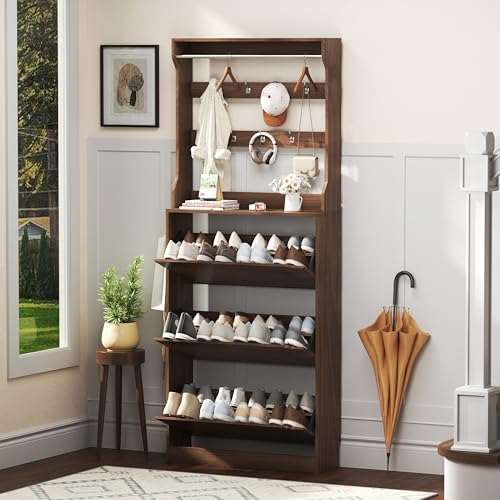 Image of Shoe Cabinet for Entryway with 3 Flip Drawers, Walnut Tall Wood Shoe Storage Cabinet with Coat Rack, Narrow Hidden Slim Freestanding Shoe Rack Organizer, 2 in 1 Hall Tree for Living Room, Hallway