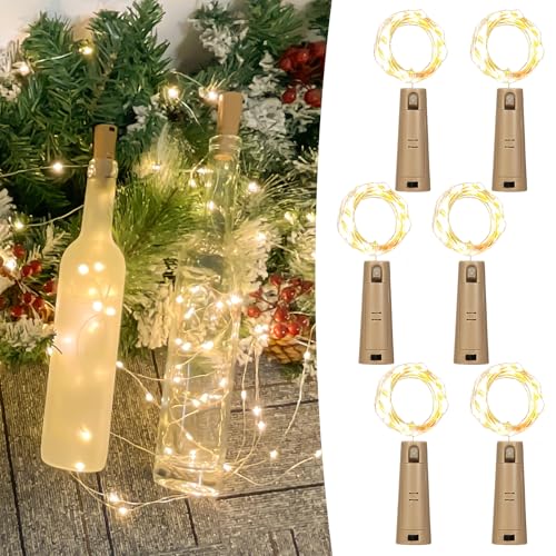 LEEECOCO - Guirlande lumineuse pour bouteilles de vin - Double capacité de batterie - 2 m - 20 LED - Durée d'éclairage extra longue - Fil de cuivre - Pour Noël, décoration de fête - 6 pièces - Blanc