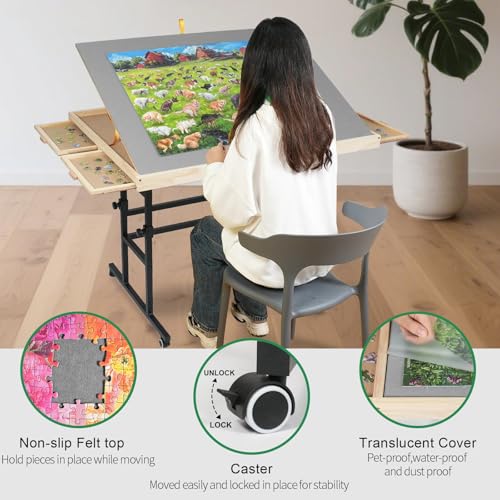 Image of ALL4JIG 1500 Piece Puzzle Table with Legs, 24.53 inchx33.19 inchAdjustable Puzzle Table, 3-Tilting-Angle Portable Wooden Puzzle Board with 4 Drawers&Cover,Drafting&Laptop Table for Couch,for Lego Building