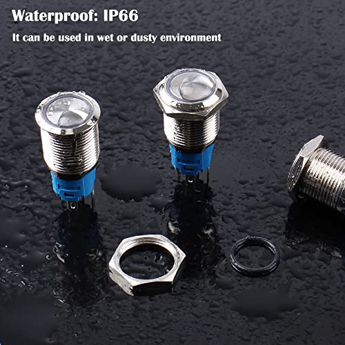 Image of 2pcs 16mm Metal Latching Push Button Switch 12V-24V ON-Off 5Pins 1NO 1NC with Pigtail for 5 /8 inch Mounting Hole Waterproof Silver Shell Halo Ring Red LED Light