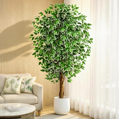 Keeplush 6.2ft Ficus Artificial Trees with 3 Natural Curved Trunks, 74 Tall Lush Faux Tree for Home Decor Indoor, Green Lifelike Fake Ficus Tree 1pcs