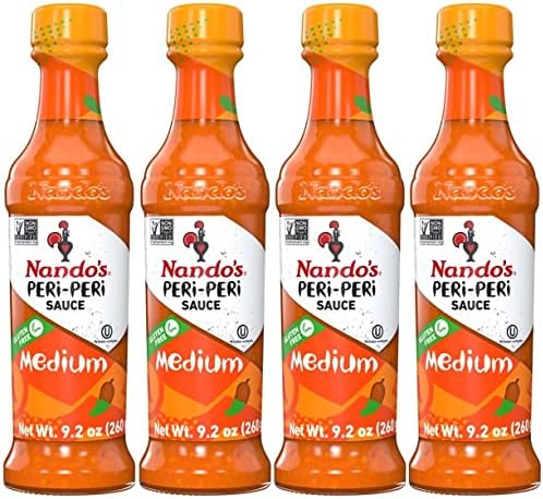 Nandos Peri Peri Sauce Medium 4 Pack - Spicy Sauces, Seasoning or Marinade for Wings, Fish, Meat, Rice or Veg - No Artificial Colors, Flavors, Non-GMO, No MSG, Gluten Free - x4, 9.2 Oz Medium
